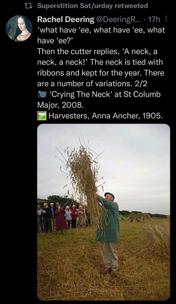 Tweet says:

"'What have'ee, what have'ee, what have'ee?" Then the cutter replies: "A neck, a neck, a neck!" The neck is tied with ribbons and kept for the rest of the year. There are a number of regional variations."

Includes photo of man raising a sheaf tied with ribbons.